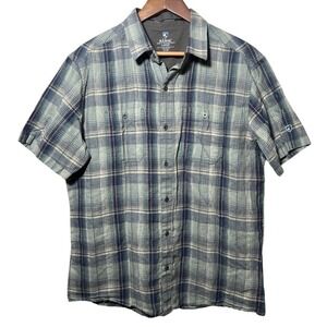 KUHL Men's Plaid Linen Cotton Button Up‎ Shirt Large Blue Outdoor Hiking Top